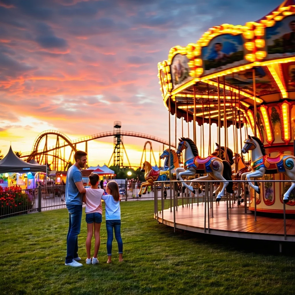A fairground at sunset
