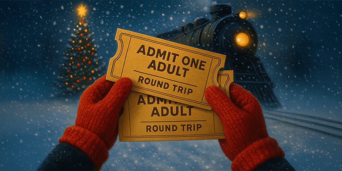 Two tickets for a xmas event held by a child with red gloves