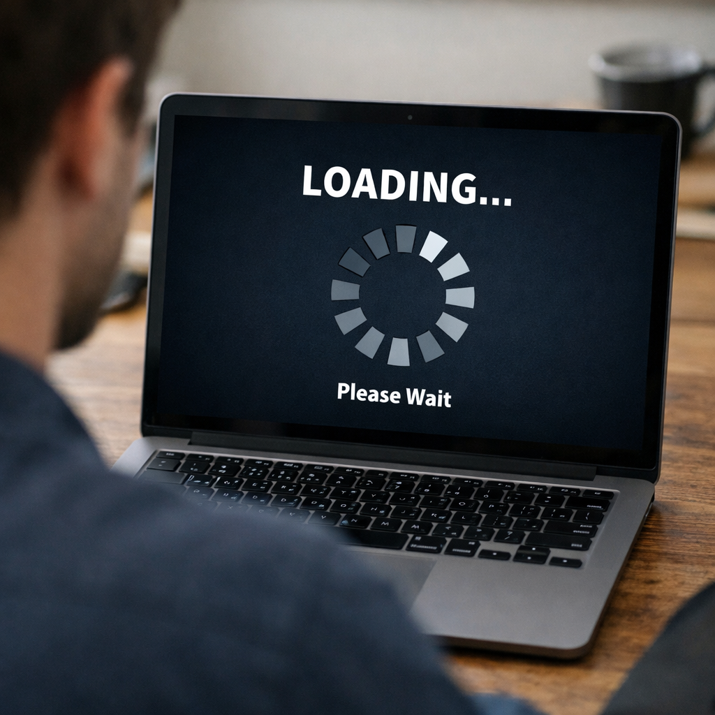 Laptop screen with a loading screen, user sitting in front of it
